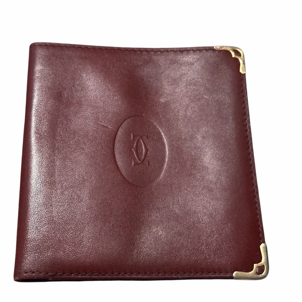 Vintage Cartier Burgundy Leather Men's Wallet with Gold Corner Accents